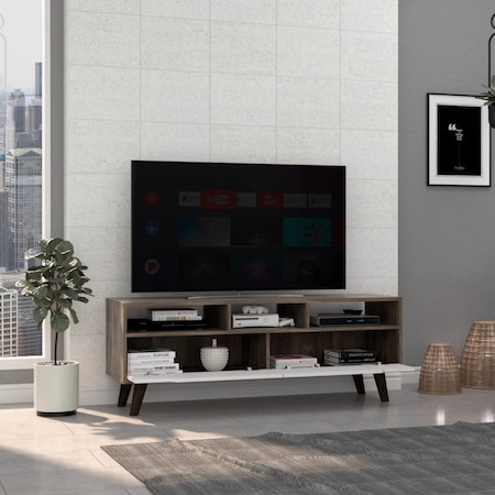 Tuhome Oslo Tv Stand for TV's up 51 in. Two Drawers, Four Legs, Three Open Shelves, Dark Brown/White RBB7963